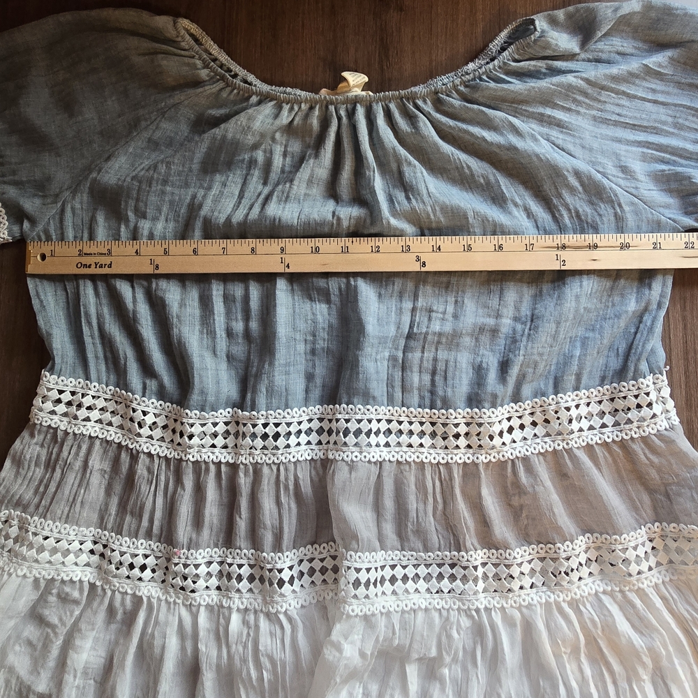 Boho Blue and White And Gray Gauze Blouse With Lace Detail Bell 3/4 Sleeves - Picture 4 of 8